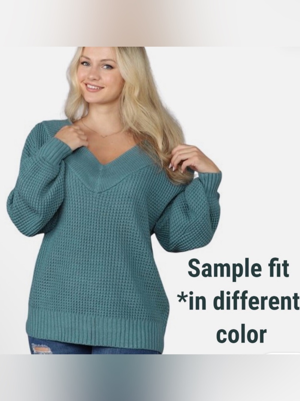 Zenana Outfitters Olive Green V-Neck Waffle Chunky Knit Sweater